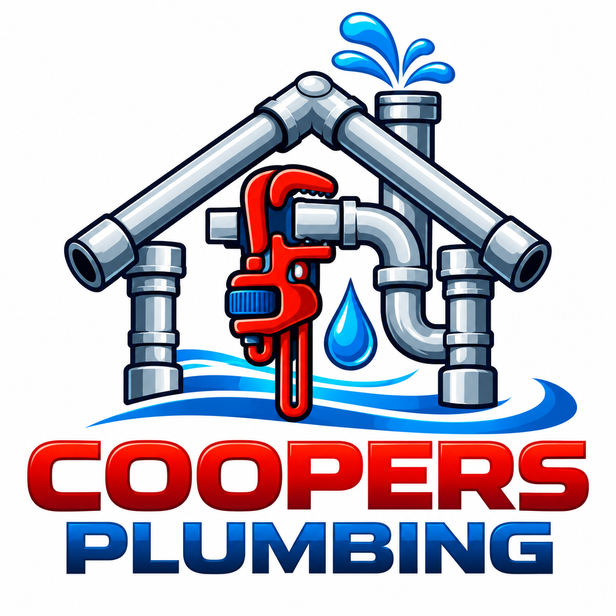 Logo for Coopers Plumbing featuring a house shape made of metal pipes, a red pipe wrench, and a water drop, resting on blue waves.
