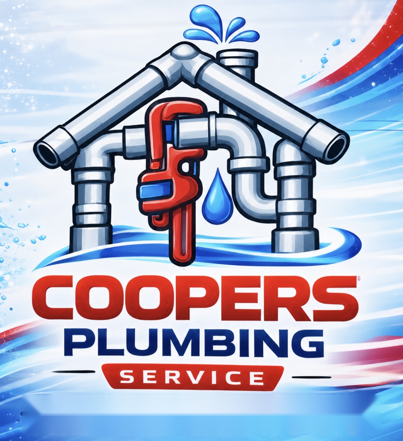 Logo for Coopers Plumbing Service featuring a house frame made of metal pipes and a red pipe wrench, centered over blue water graphics.